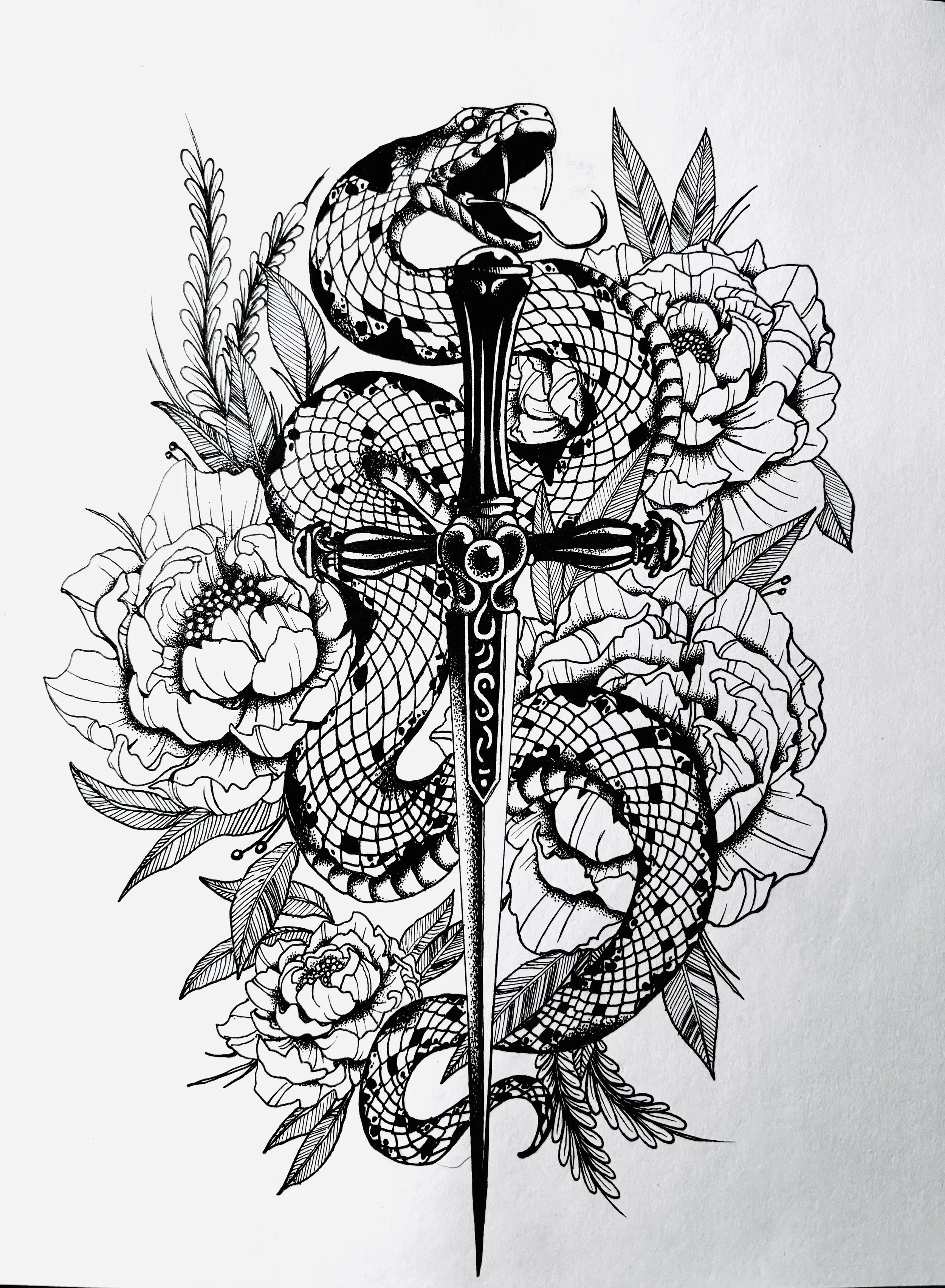 A black and white illustration of a snake wrapped around a dagger, surrounded by flowers and leaves.