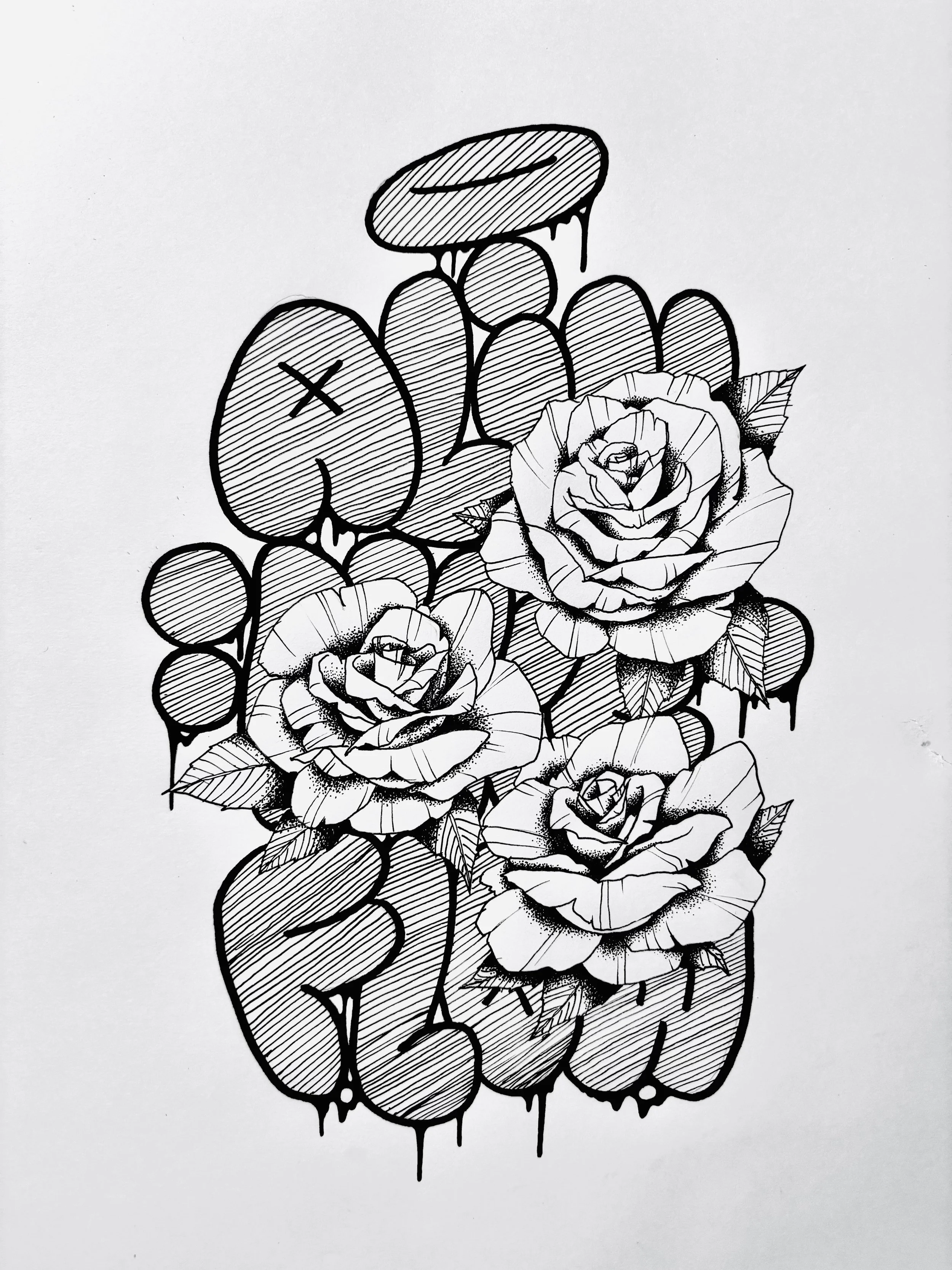 A black and white drawing of roses surrounded by graffiti-style shapes and patterns.