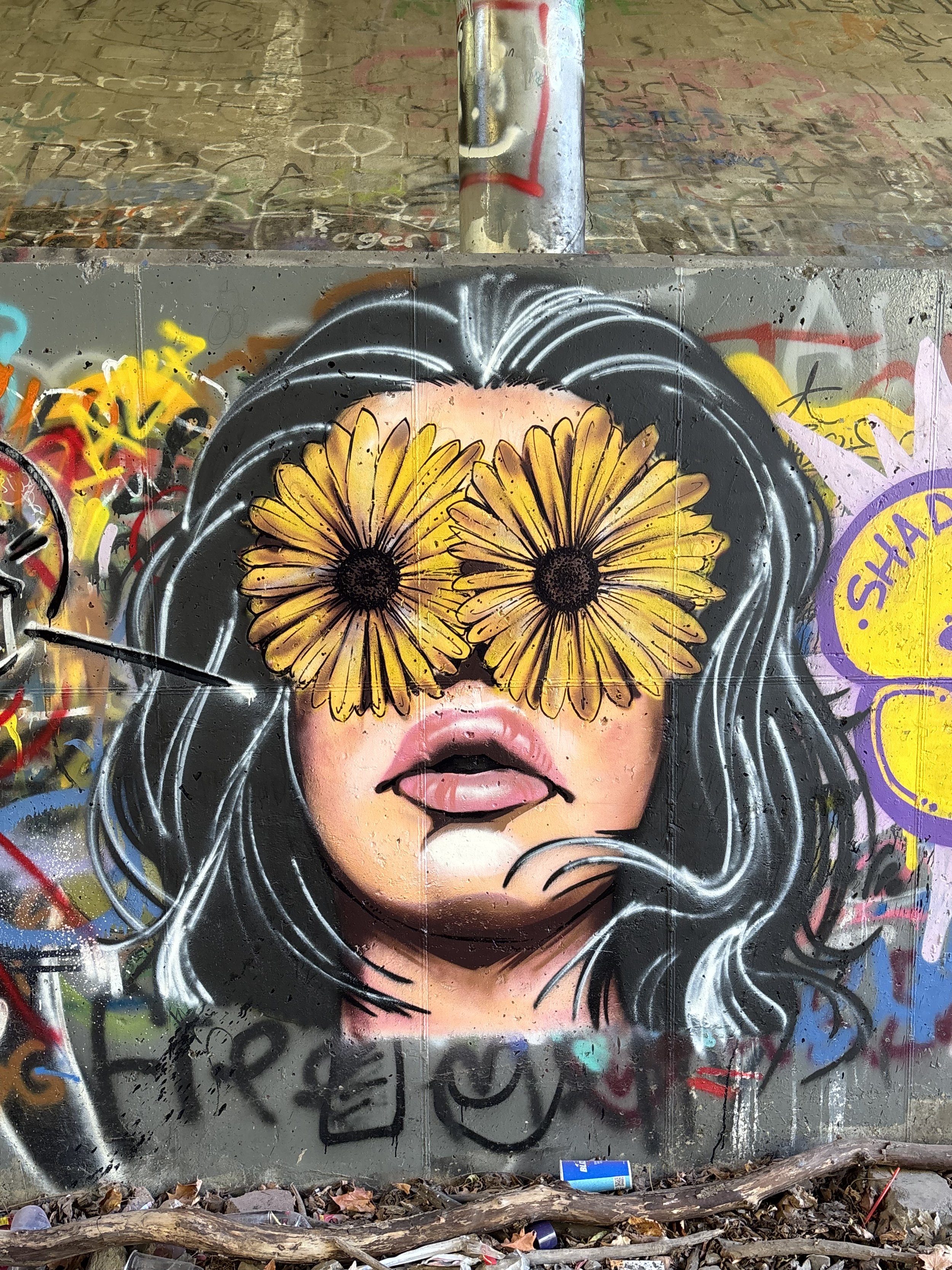 Street art of a woman's face with black hair, her eyes covered by two large yellow flowers, lips slightly parted, and a background filled with various graffiti and tags.