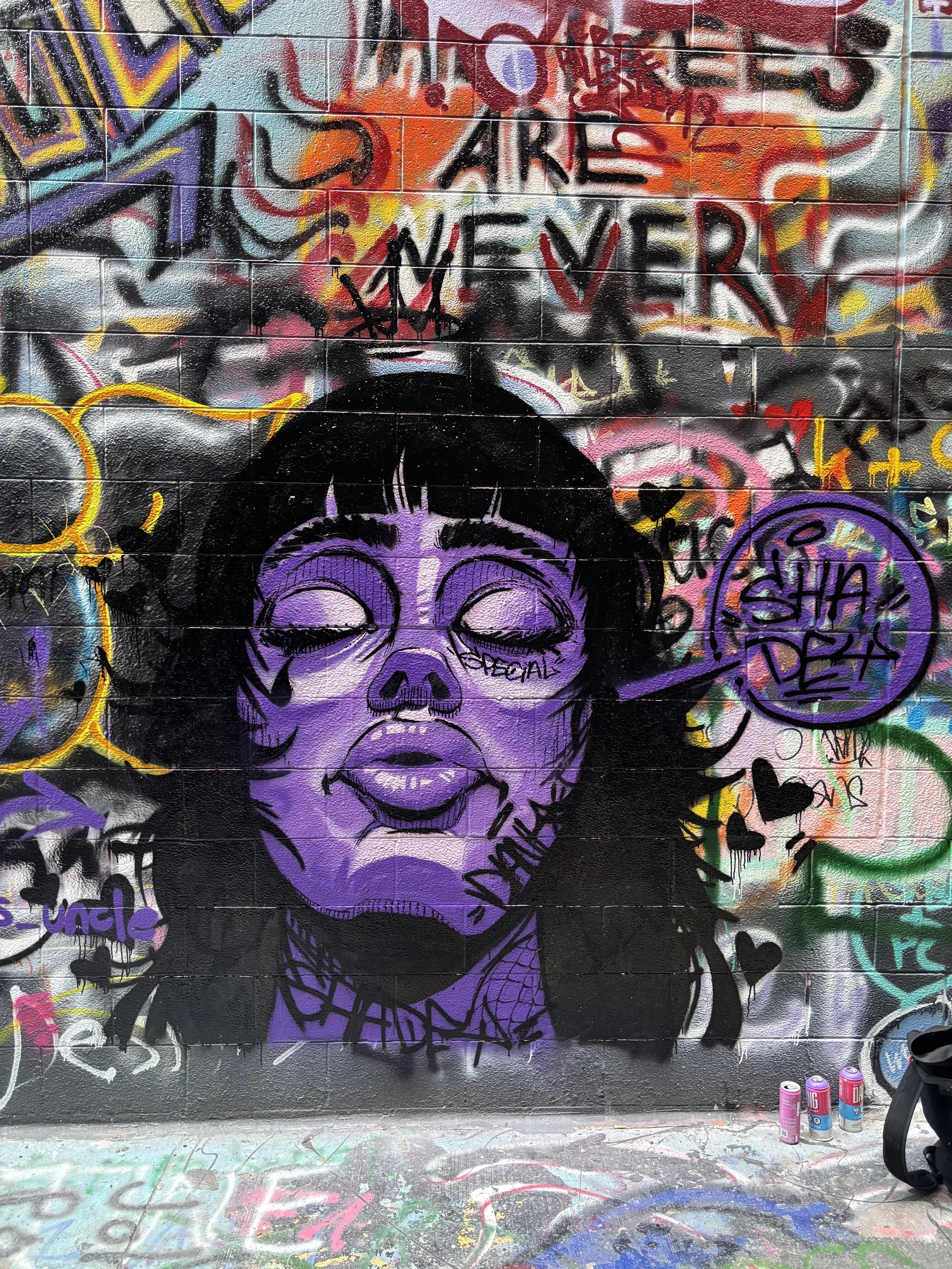 Graffiti mural of a woman with purple face makeup, closed eyes, and black hair, on a wall filled with colorful street art, tags, and messages.