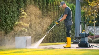 Man wearing yellow boots pressure washing a concrete surface outdoors