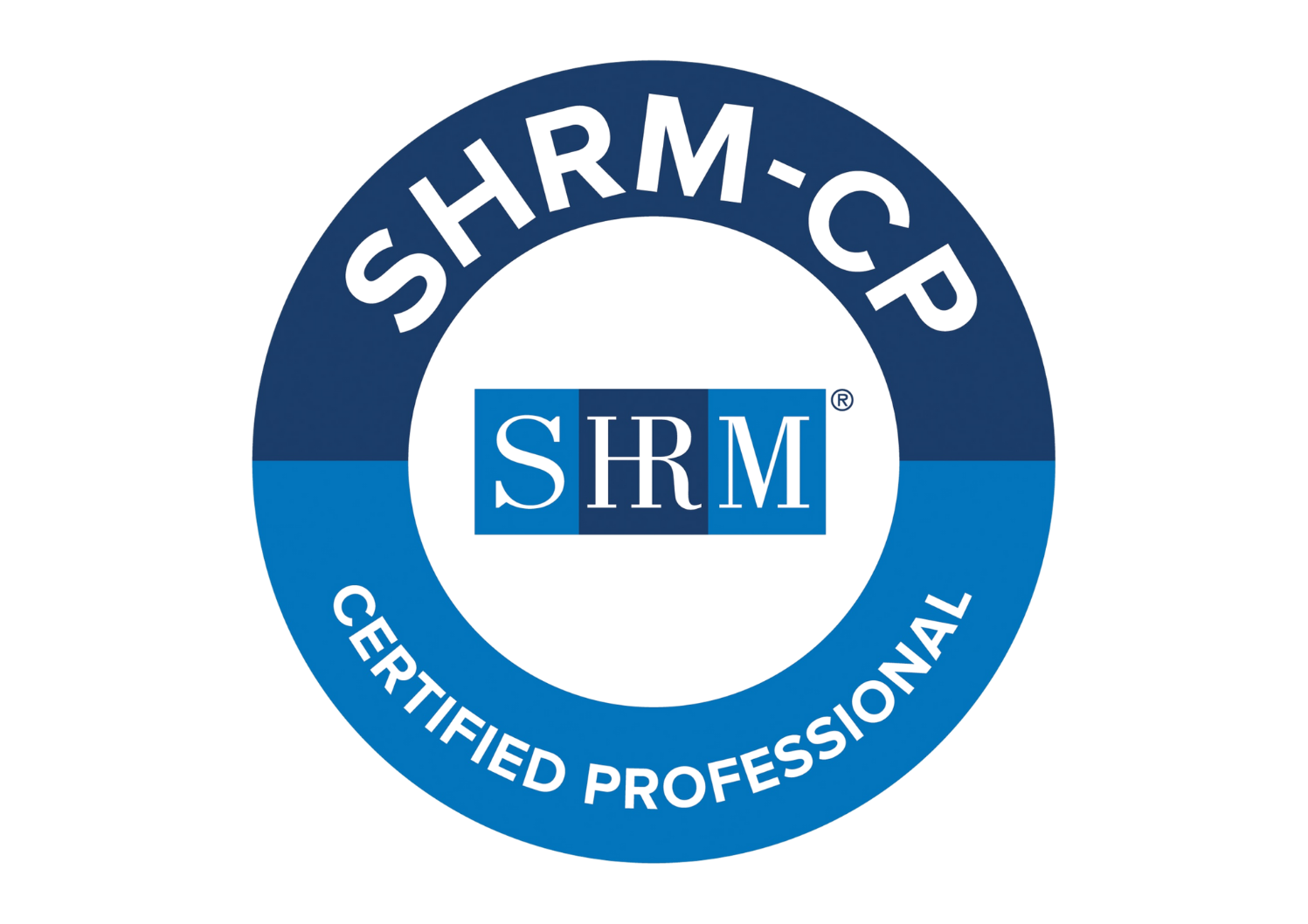 SHRM certification badge with a circular blue border and the words 'SHRM-CP Certified Professional' around the edge, and the SHRM logo in the center.