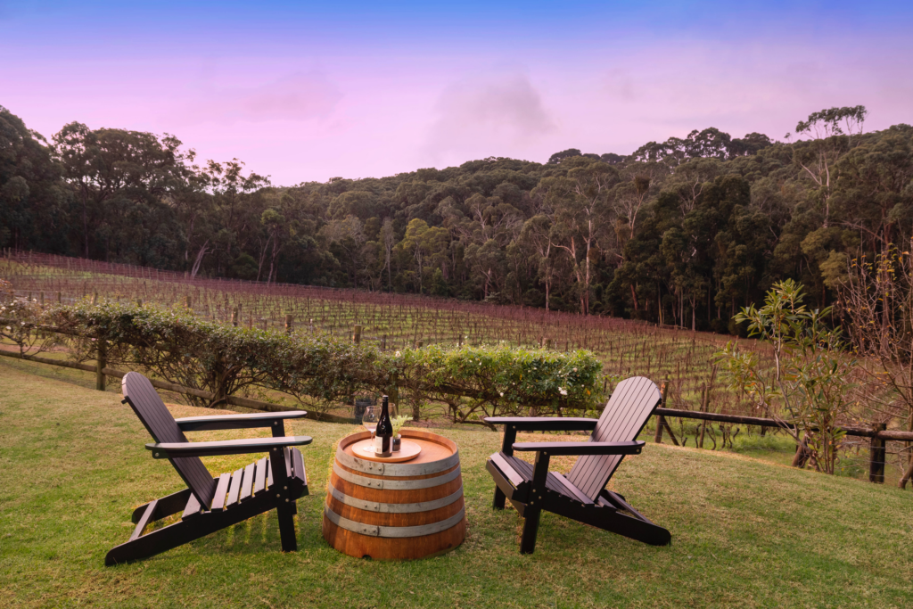 Two Adirondack chairs facing each other with a small barrel table in between, holding a bottle and two glasses, overlooking a vineyard and forested hills at sunset.