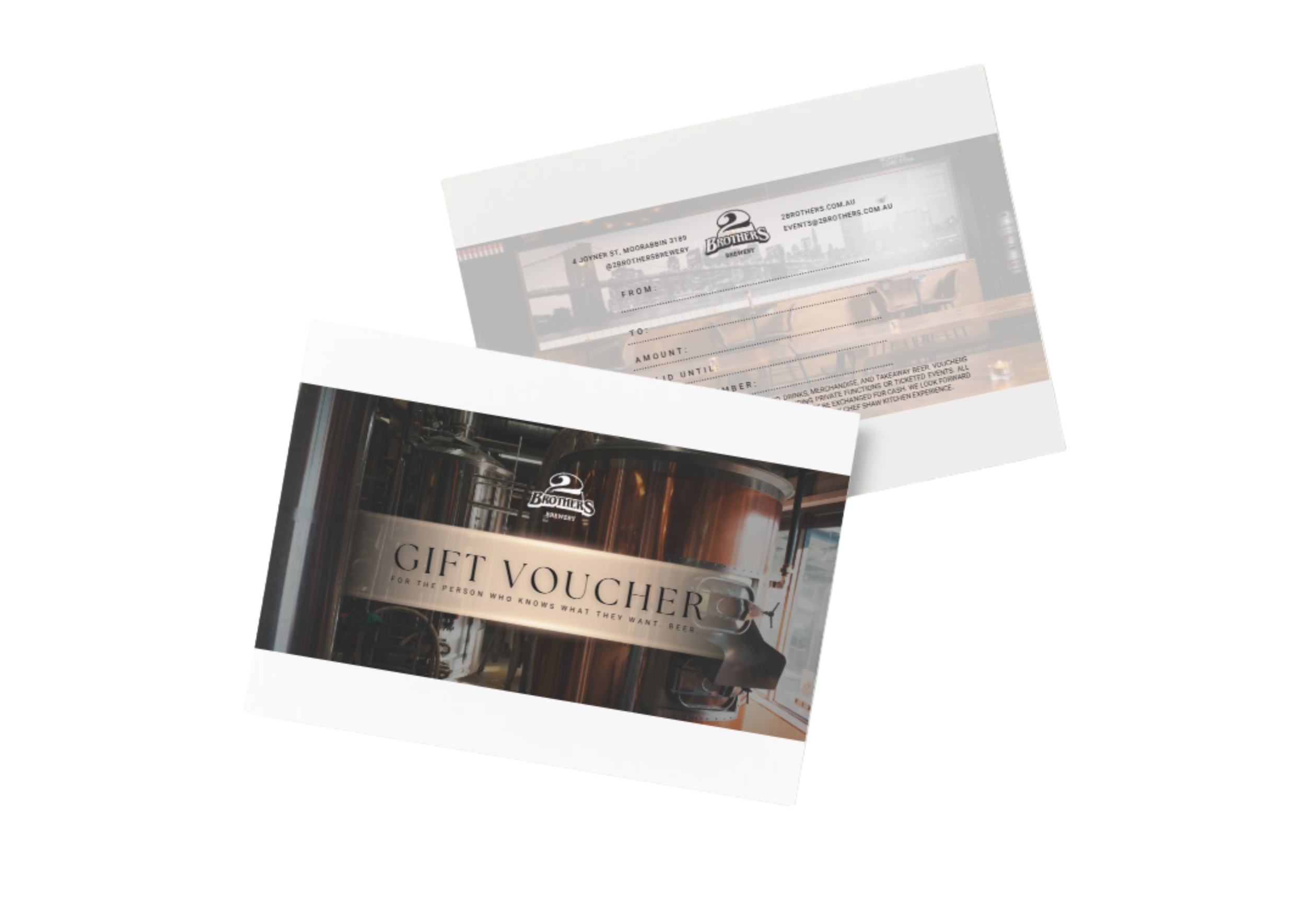 Gift voucher with text and a background image of a brewery interior.