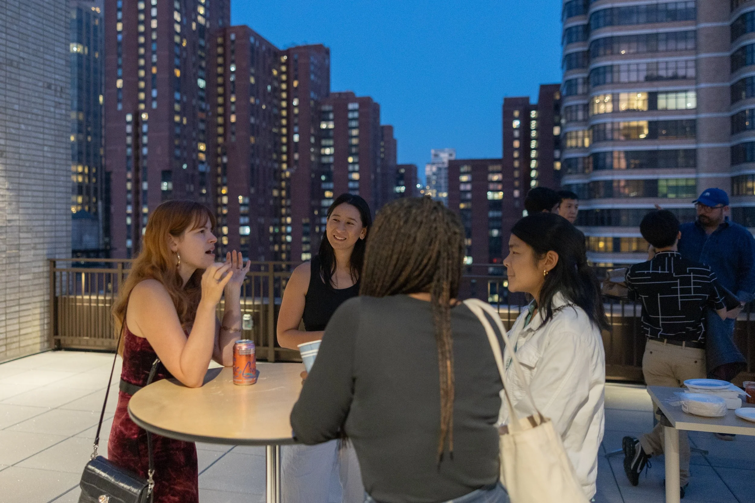 Group of women talking and laughing at a rooftop gathering during twilight, with city buildings illuminated in the background.