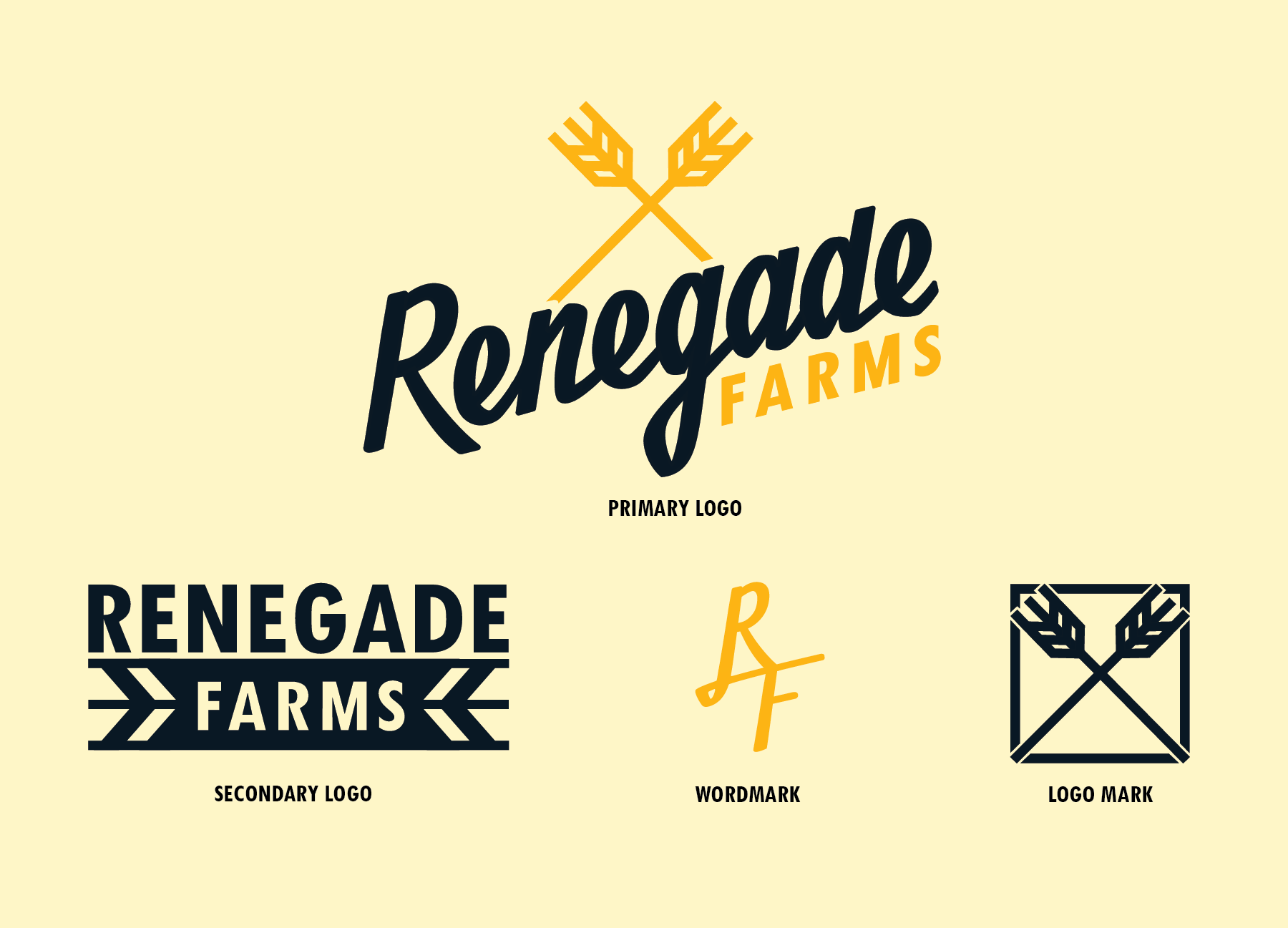 Design concept image for Renegade Farms with primary logo featuring crossed wheat symbols, secondary logo with bold text and arrows, a wordmark with initials R and F, and a logo mark with crossed wheat in a square outline.