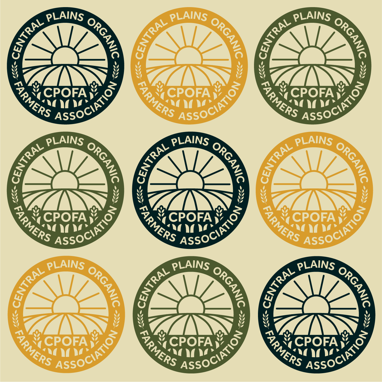 Pattern of nine circular logos for the Central Plains Organic Farmers Association (CPOFA) arranged in a 3x3 grid. The logos are in black, green, and orange, depicting a sunrise over fields with the text around the circle.
