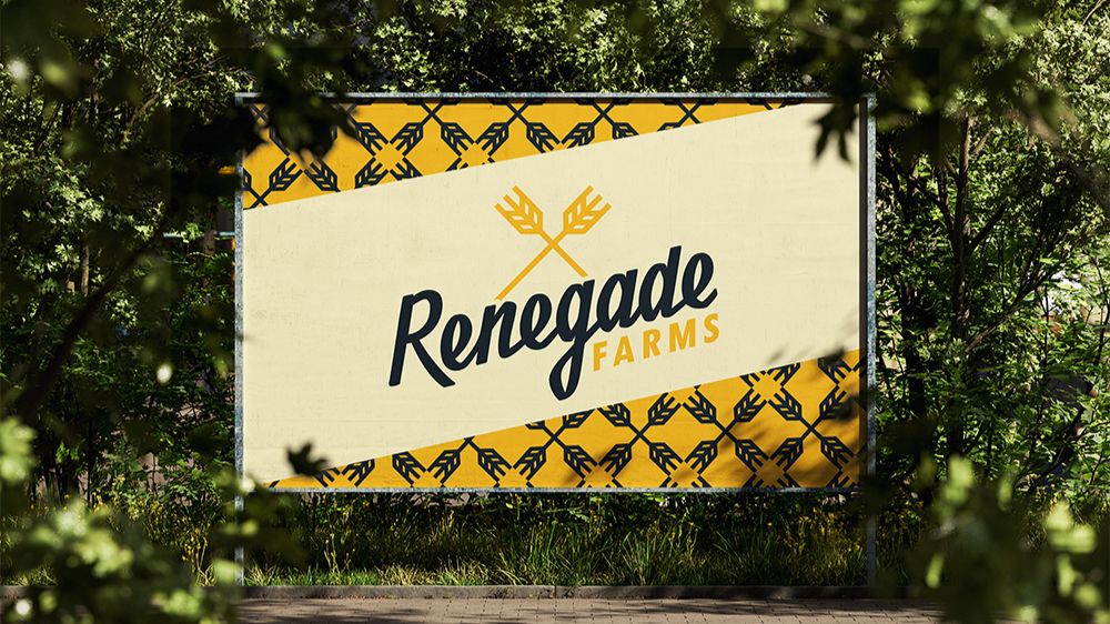Sign for Renegade Farms with yellow and black decorative elements, partially obscured by green foliage.