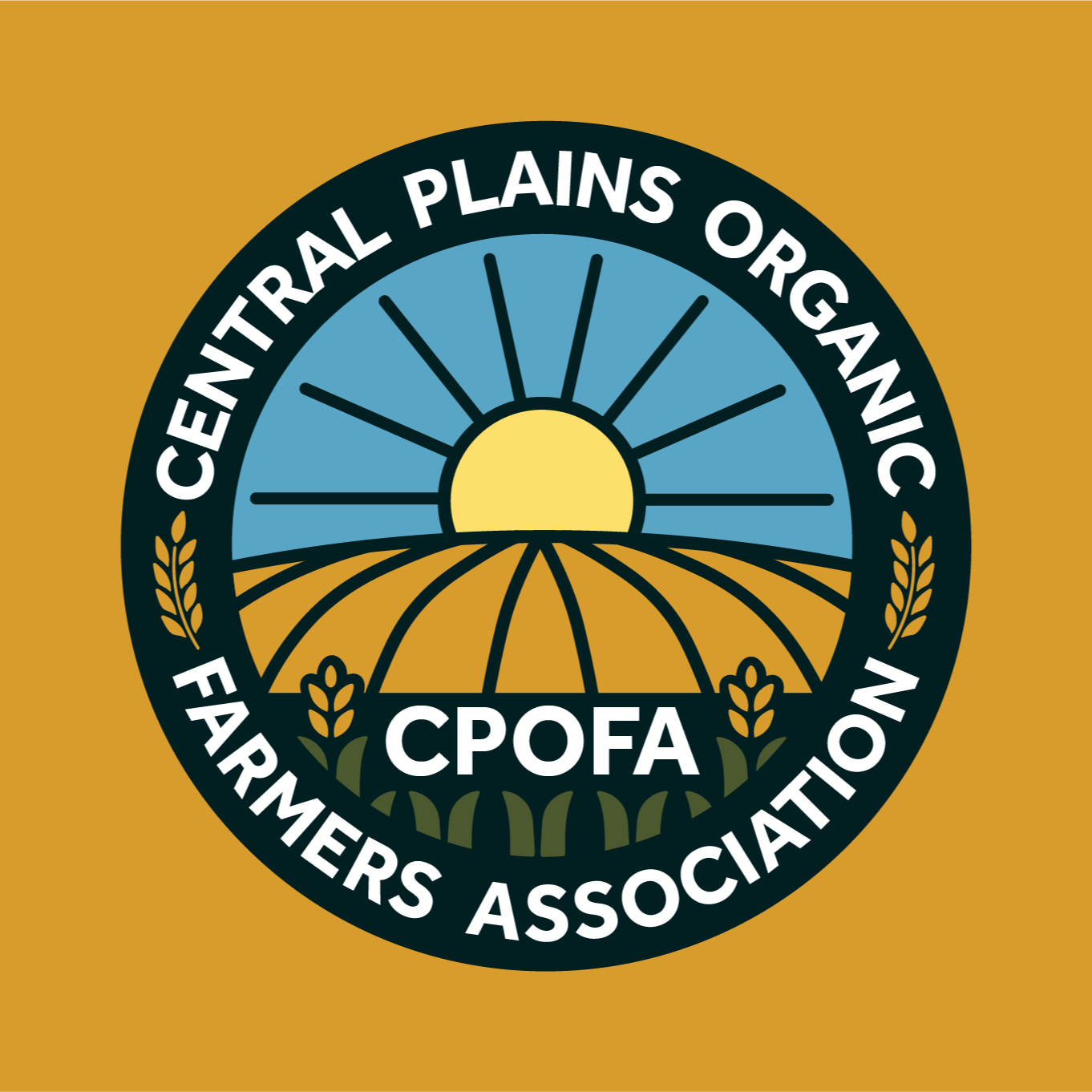 Logo of the Central Plains Organic Farmers Association featuring a sunrise above cultivated fields with wheat stalks, surrounded by a black circle with white text.
