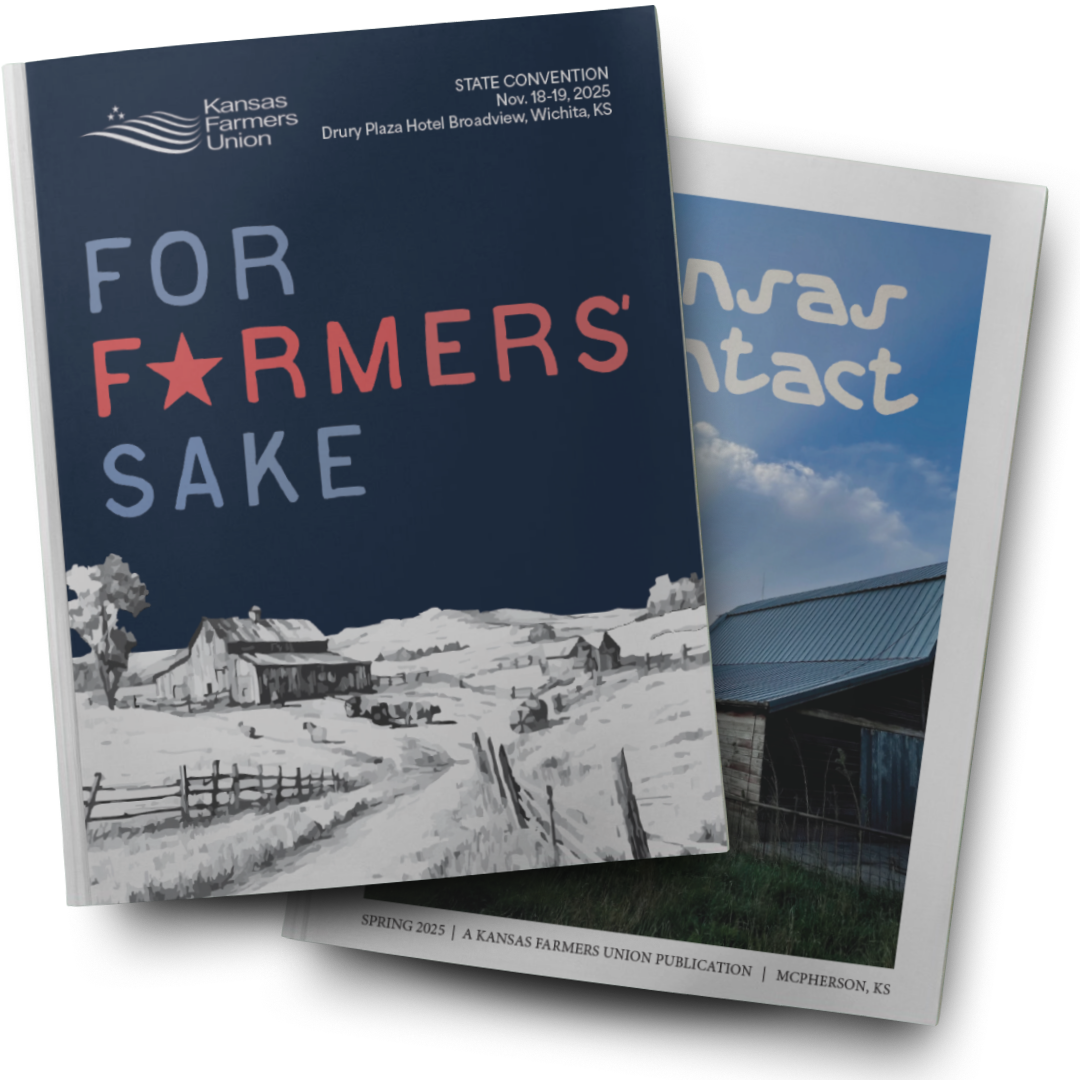 Cover of a Kansas Farmers Union publication titled 'For Farmers' Sake,' with a rural farm scene illustration.