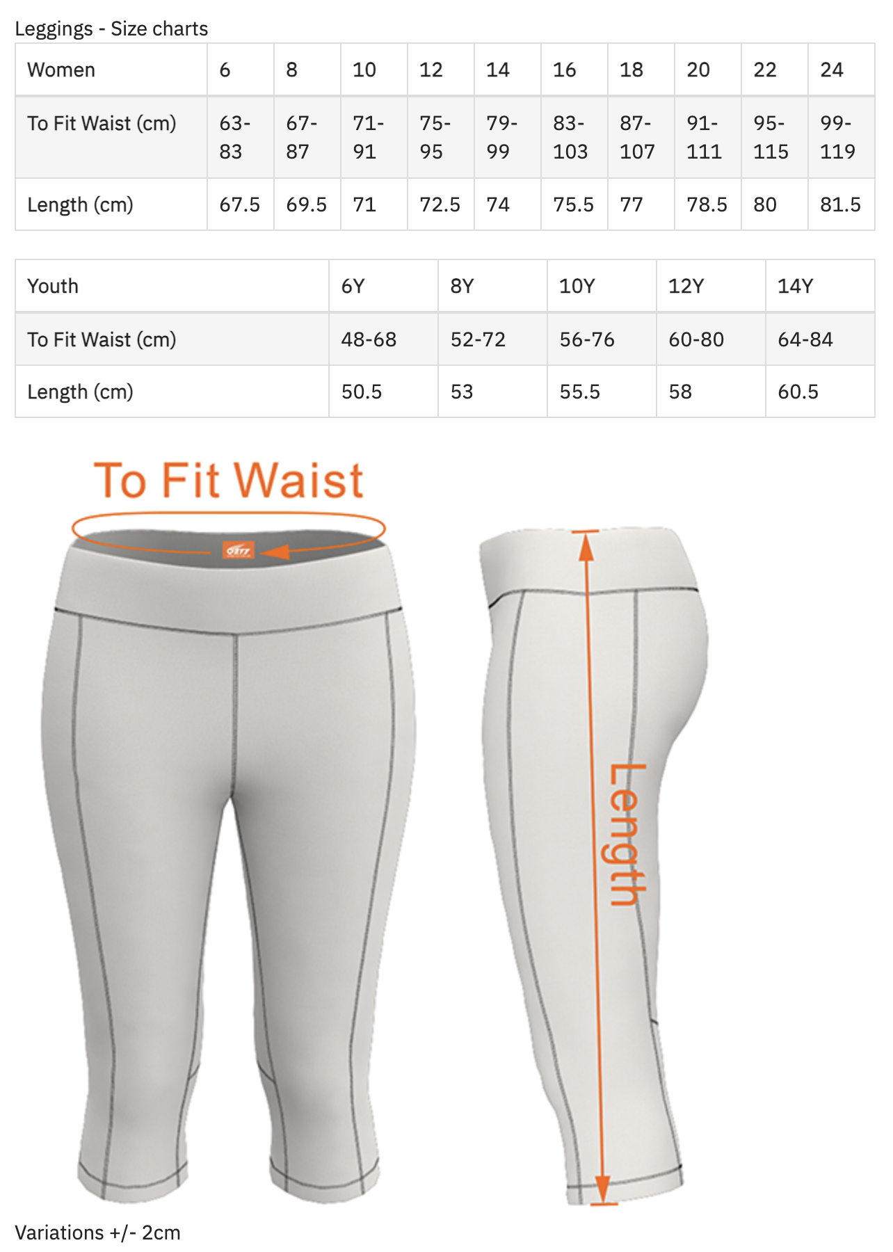 Size chart for women's and youth leggings, measures for waist and length, with illustrations showing how to fit waist and measure length of leggings.
