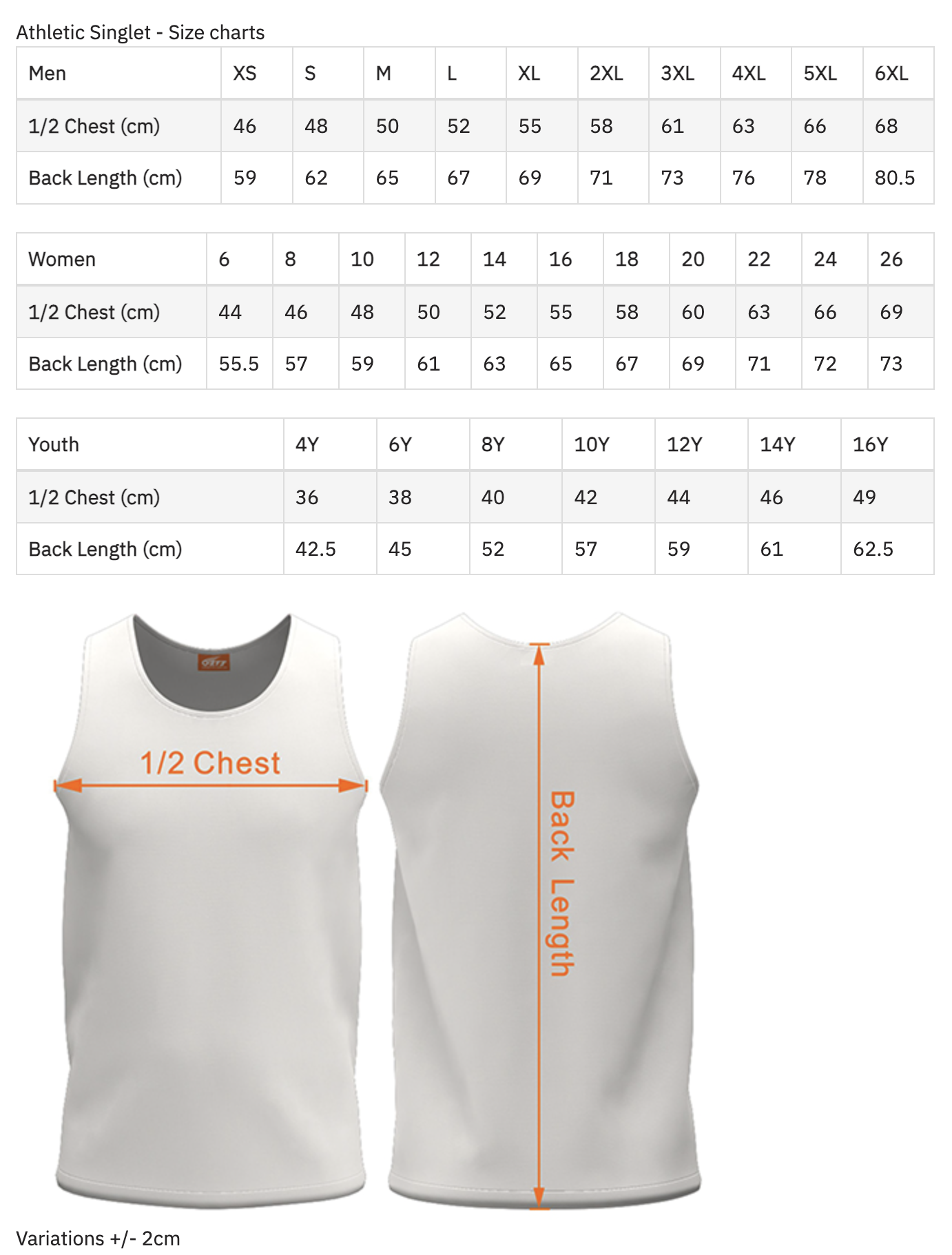 Size charts for men's, women's, and youth athletic singlets, with measurements in centimeters for chest and back length, along with a visual guide showing where to measure on a sample singlet.