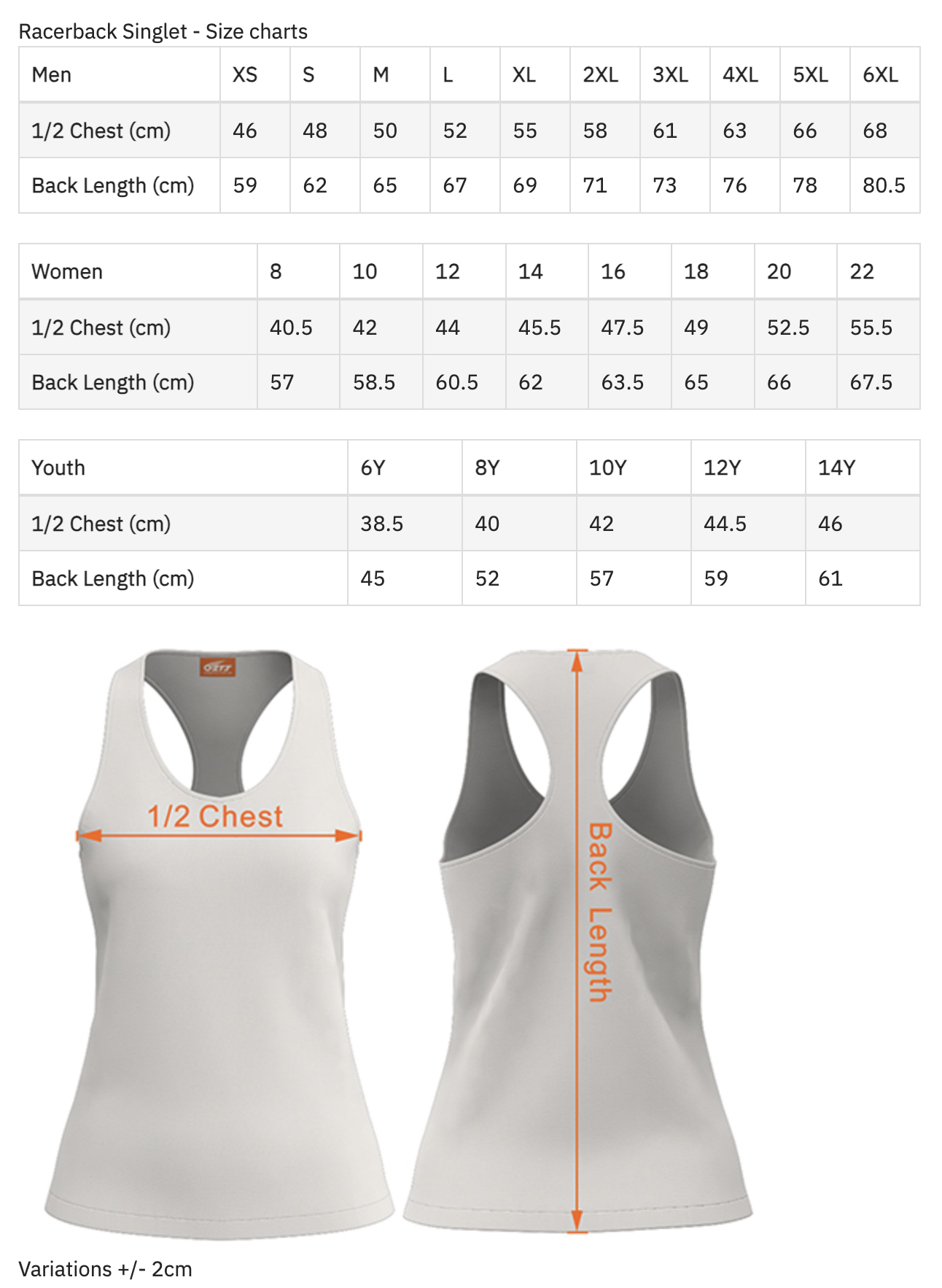 Size chart for Racerback Singlet displaying measurements for men, women, and youth, accompanied by images of a white racerback singlet showing the 1/2 chest width and back length.
