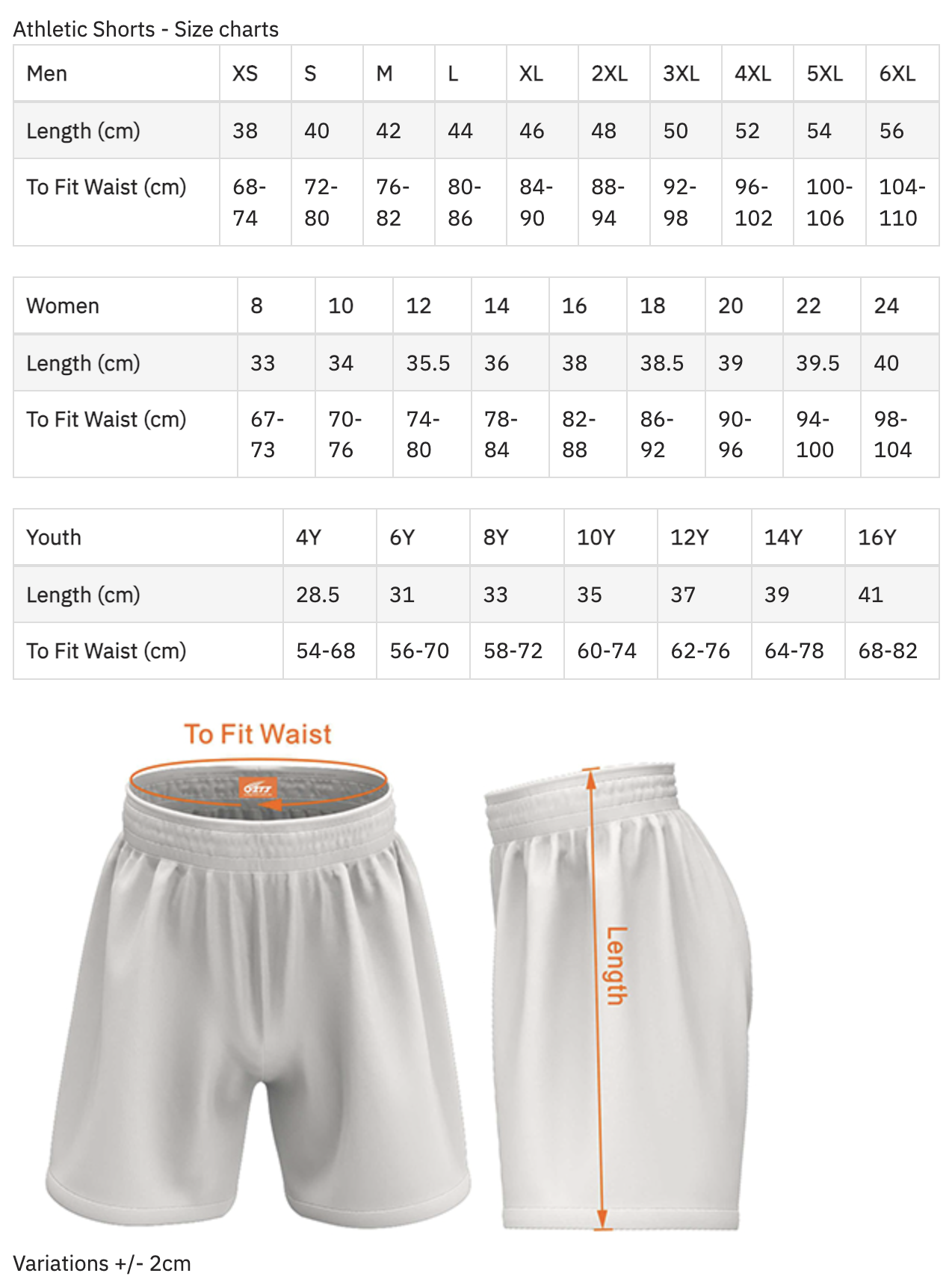 A size chart for athletic shorts displaying measurements for men, women, and youth sizes in centimeters, with a photo of white athletic shorts showing labeled waist and length areas.