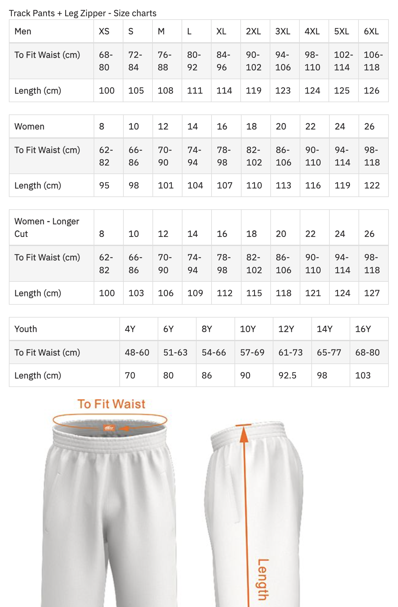 Size chart for men's, women's, women's longer cut, and youth track pants and leg zippers, showing waist measurements and lengths, along with an illustration of white track pants with annotations for waist and length.