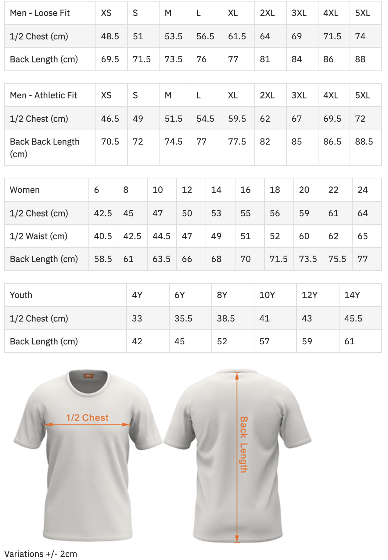 Size chart for men's loose fit, athletic fit, women's, and youth clothing, showing measurements for chest, back length, waist for women, and chest and back length for youth, with visual illustrations of a white T-shirt highlighting the measurement points for 1/2 chest and back length.