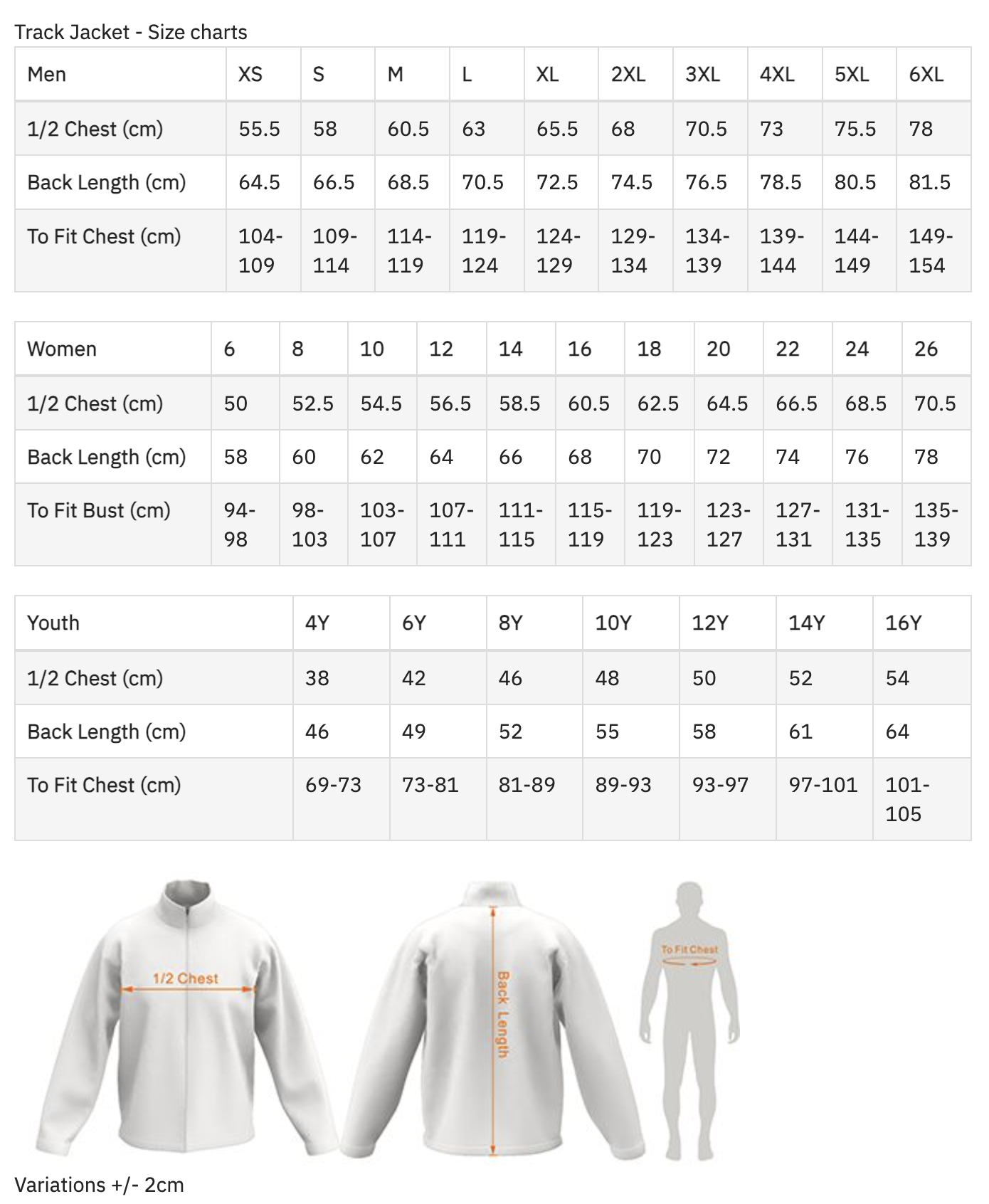 Size chart for track jackets, showing measurements for men, women, and youth, with illustrations indicating measurement locations for half chest, back length, and fit chest.