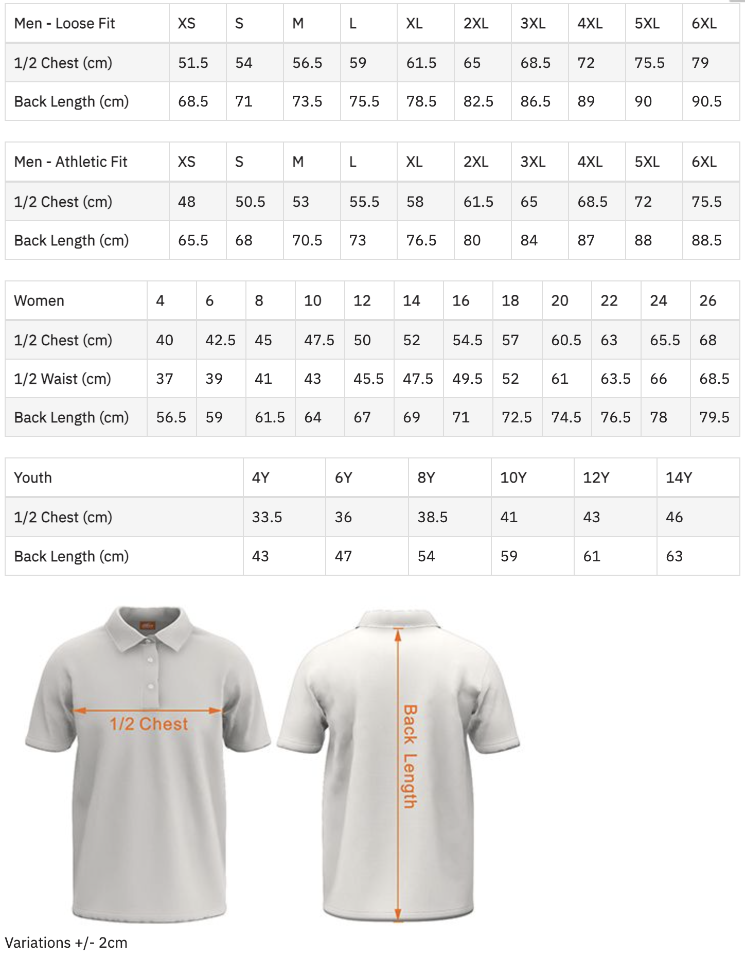Sizing chart for men's, women's, and youth clothing with measurements for half chest width, back length, and waist where applicable. The chart also includes an image of a polo shirt with orange arrows indicating half chest width and back length measurements.