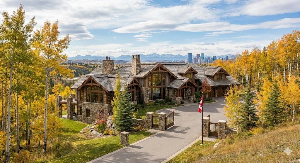A large, rustic house with stone and wood exterior, surrounded by fall foliage, with a paved driveway and a Canadian flag in front, and city skyline visible in the distance.