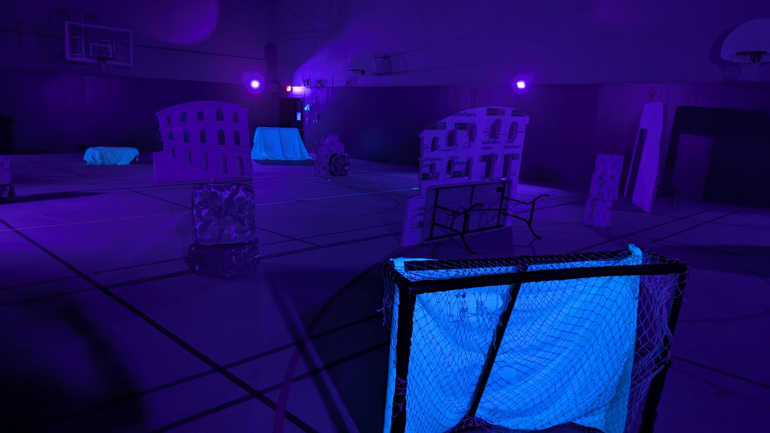 Indoor gymnasium illuminated with blue and purple lights, with various furniture and objects, including a small hockey goal with a net in the foreground, and covers and props on the court.
