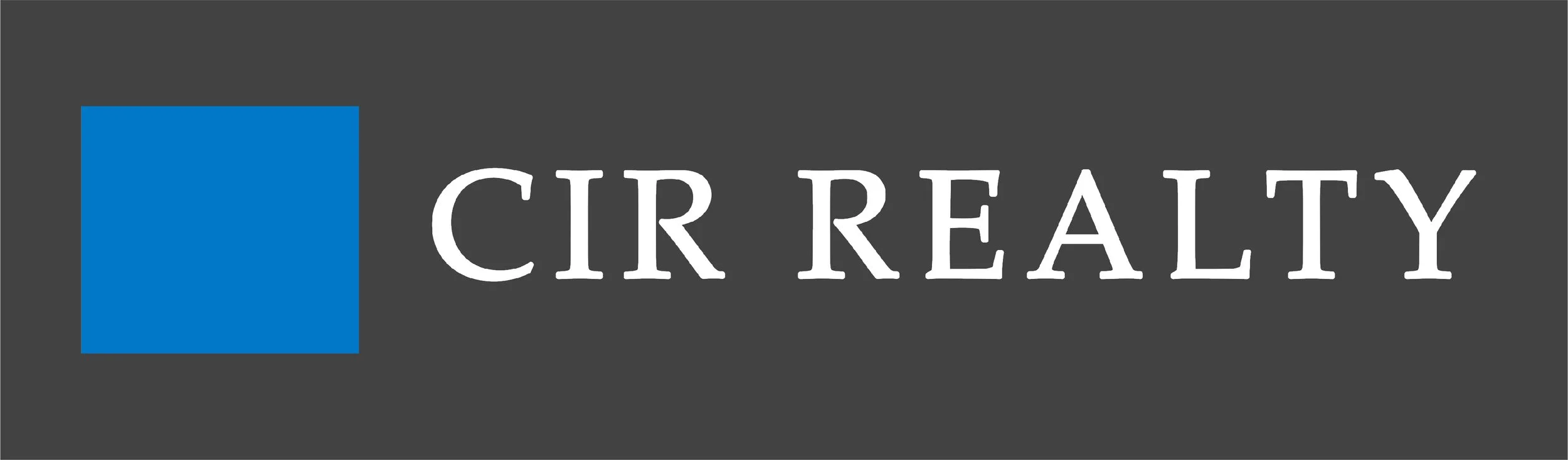 Logo with a blue square on the left and the words 'CR REALTY' on a dark gray background.
