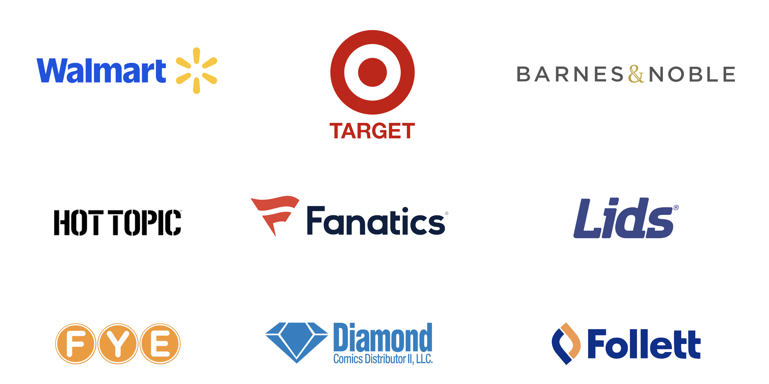 Collection of logos from various retailers and publishers, including Walmart, Target, Barnes & Noble, Hot Topic, Fanatics, Lids, FYE, Diamond Comics, and Follett.