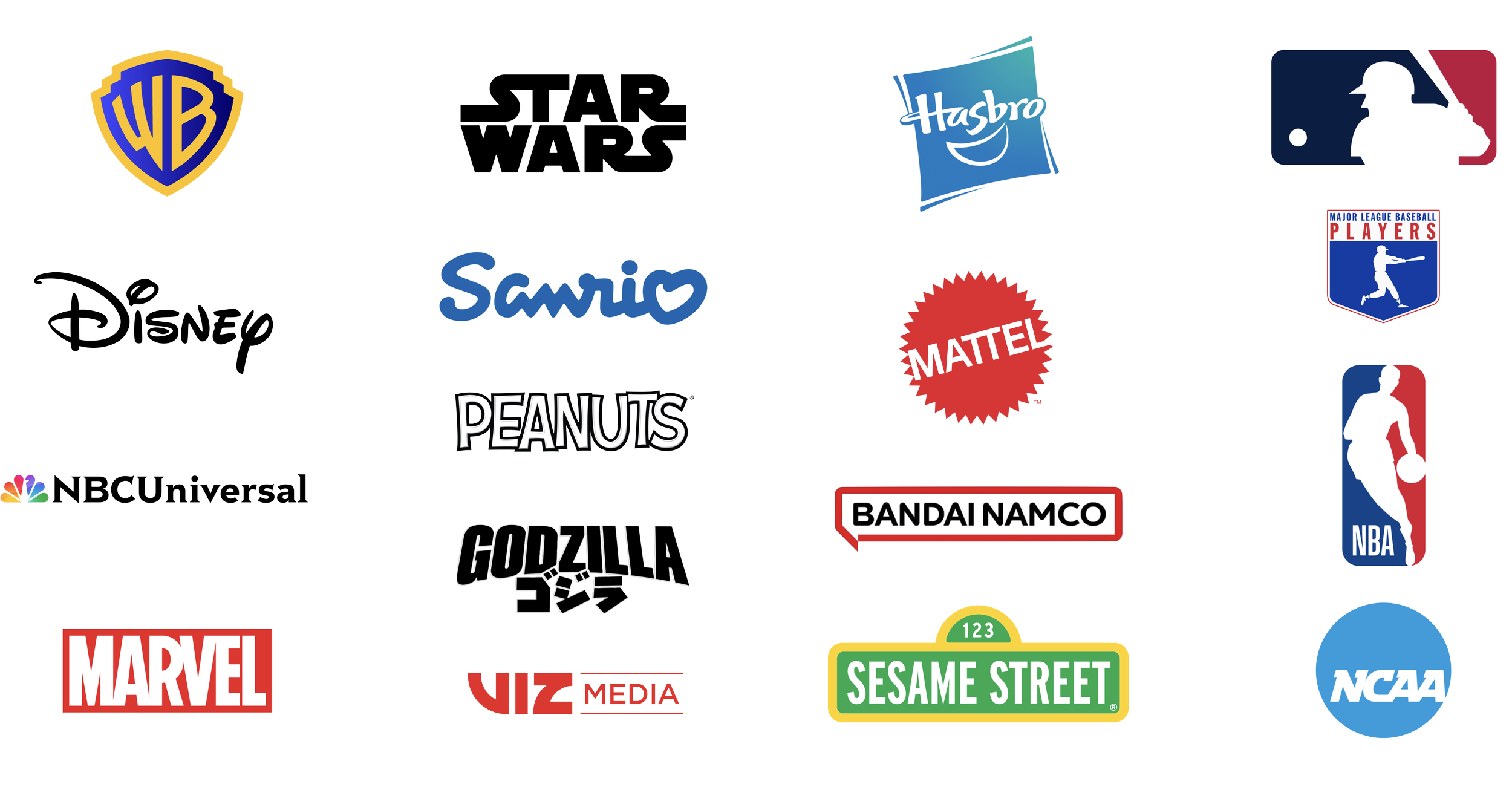 An arrangement of popular entertainment and media brand logos, including Warner Bros., Star Wars, Hasbro, Major League Baseball, Disney, Sanrio, Mattel, Peacock, Peanuts, NBCUniversal, Godzilla, Bandai Namco, Marvel, Viz Media, Sesame Street, and NCAA.