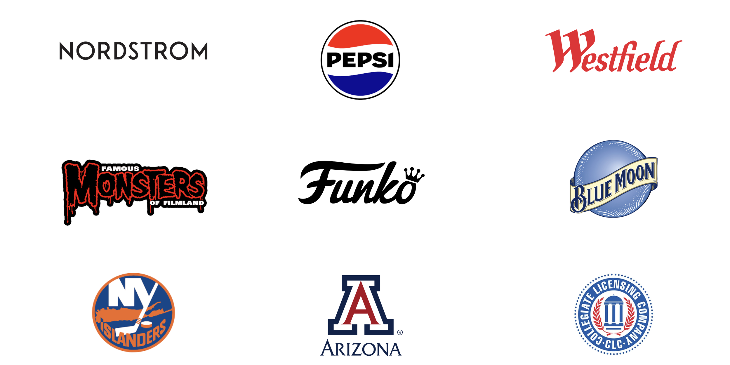 Collection of various brand logos including Nordstrom, Pepsi, Westfield, Monsters of Filmland, Funko, Blue Moon, NY Islanders, University of Arizona, and State Licensing Company.