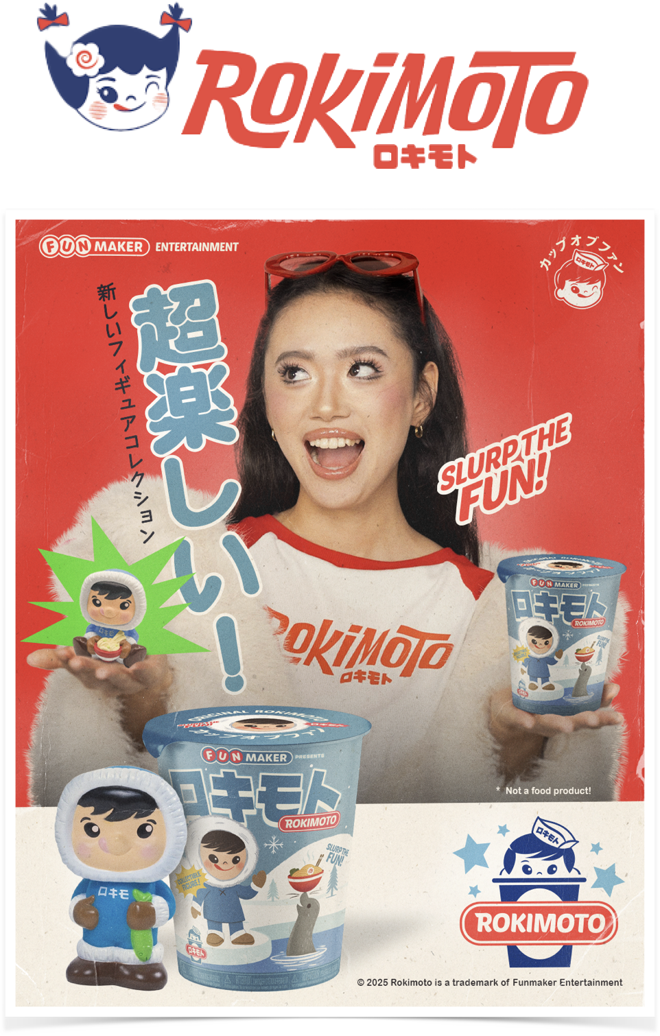 A woman with red sunglasses on her head holding two containers of ROKIMOTO instant noodles, smiling and looking upward. The packaging features cartoon characters and playful text, with a red background and Japanese writing.