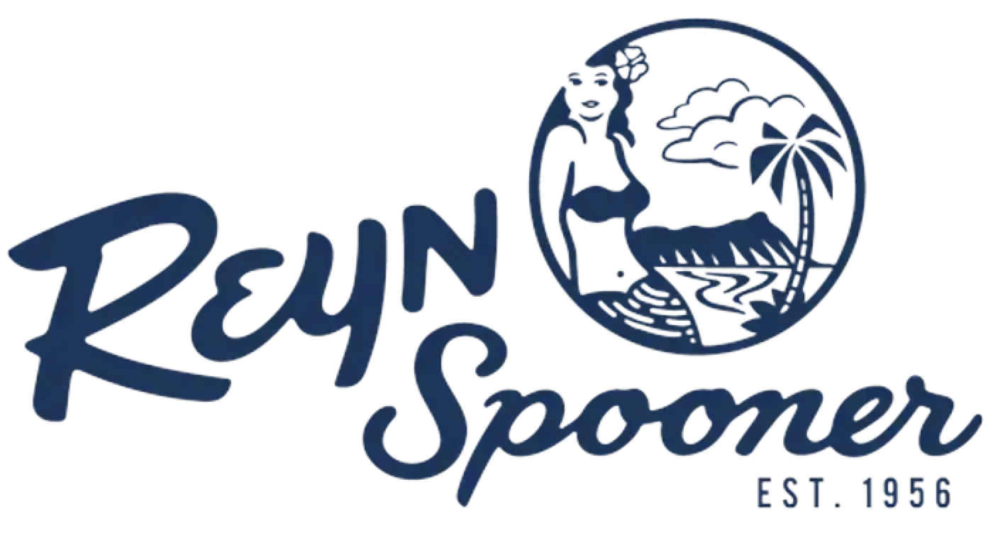 A logo for Reyno Spooner featuring a woman with a hat and a tropical scene with a palm tree, clouds, and water, along with the text "Reyno Spooner" and "EST. 1956".