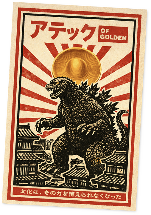 Vintage poster featuring a giant monster resembling Godzilla with a golden hat, Japanese text, and a background of buildings with red rays emanating from the hat.
