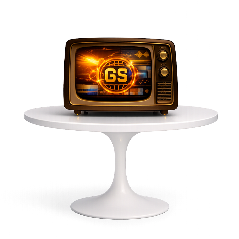 A vintage television displaying a graphic with an orange fire-like glow, a globe, and the letters "GS" in the center, on a white round table.