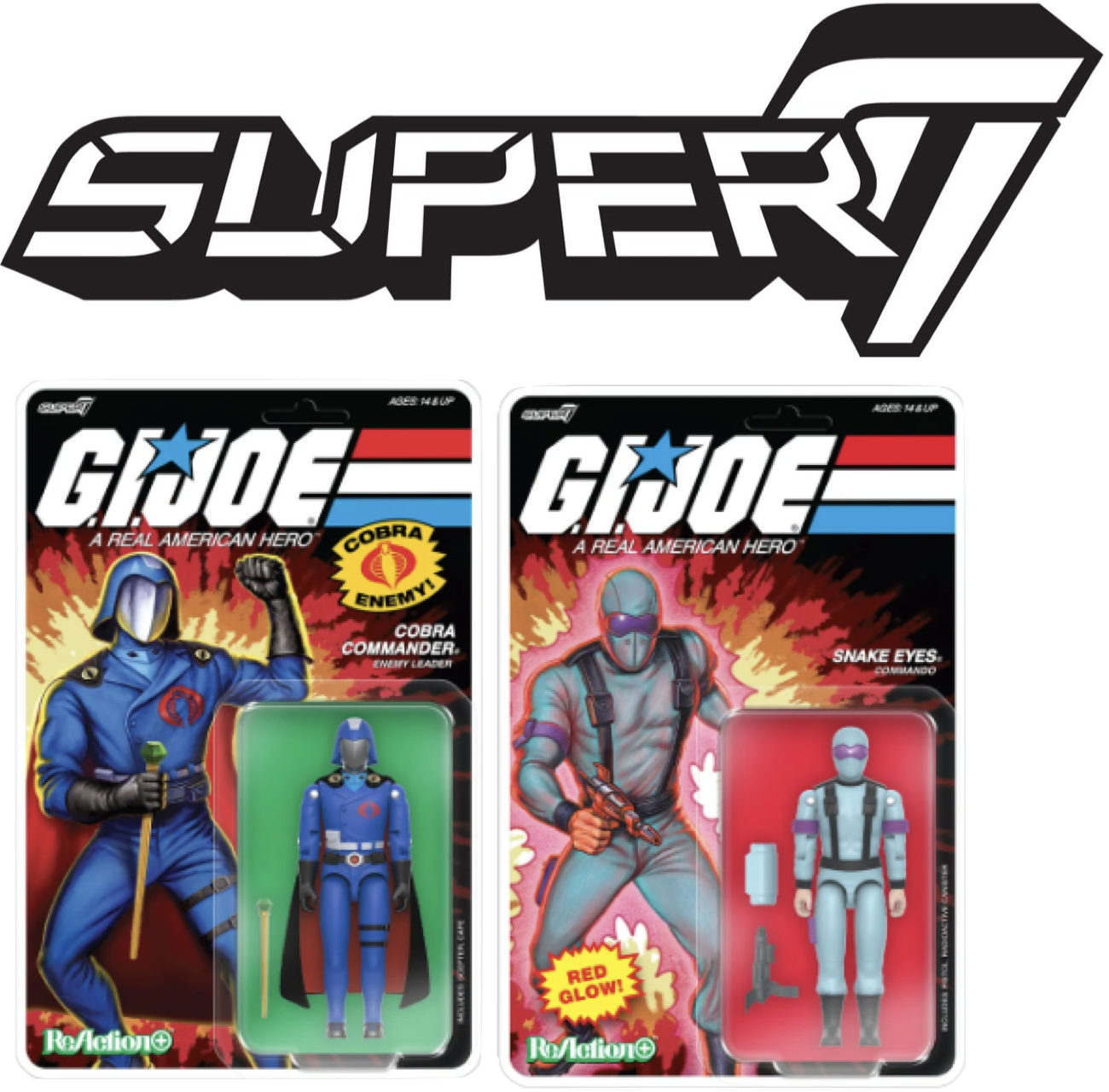 G.I. Joe action figures in blister packs, featuring Cobra Commander and Snake Eyes with colorful packaging and branding.