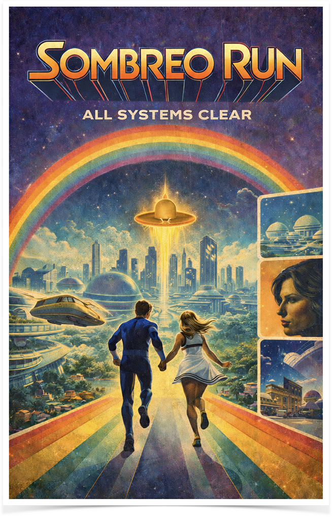 Futuristic scene with a boy and girl holding hands and running towards a city with flying cars and tall buildings, a rainbow overhead, and a glowing planet with rings in the sky. The text reads "SOMBREO RUN" and "ALL SYSTEMS CLEAR." There are smaller inset images showing planets, a woman's profile, and a building with a dome.