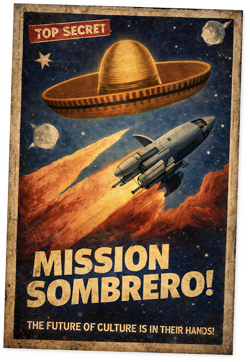 Vintage space mission poster featuring a spaceship, a UFO, a planet with rings, and planets or moons in outer space with stars and a fiery comet. Text includes "Top Secret," "Mission Sombrero!," and "The future of culture is in their hands!"