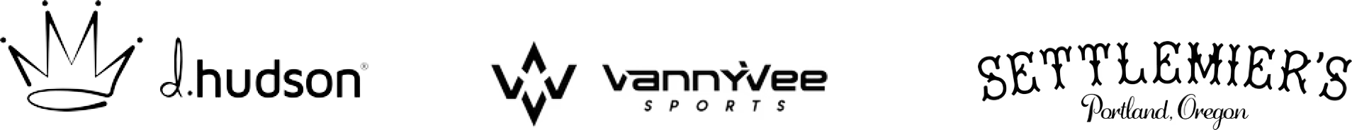 Logo collage featuring a crown, d.hudson, VanYee Sports, and SETTLEMIRE'S Portland, Oregon.