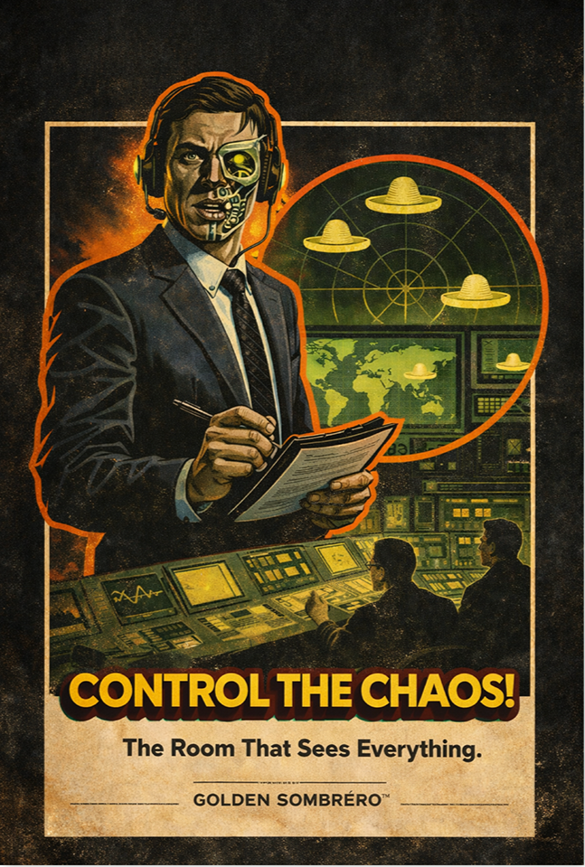 A man in a suit with half his face as a human and half robotic, wearing a headset with a microphone, writes on a notepad. Behind him is a large monitor showing a world map with UFOs and radar signals. Below, two people sit at a control panel with multiple screens and dials. The poster has the text "CONTROL THE CHAOS!" and "The room that sees everything." by Golden Sombrero.