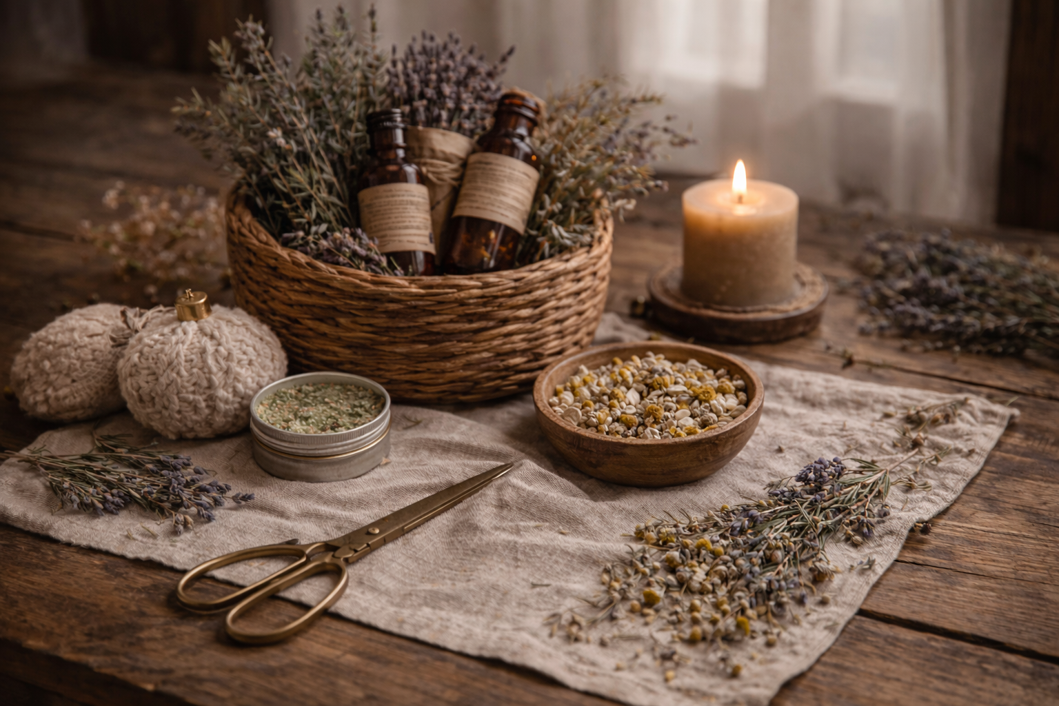 A cozy scene with dried lavender, herbal products, a lit candle, and crafting supplies arranged on a rustic wooden table.