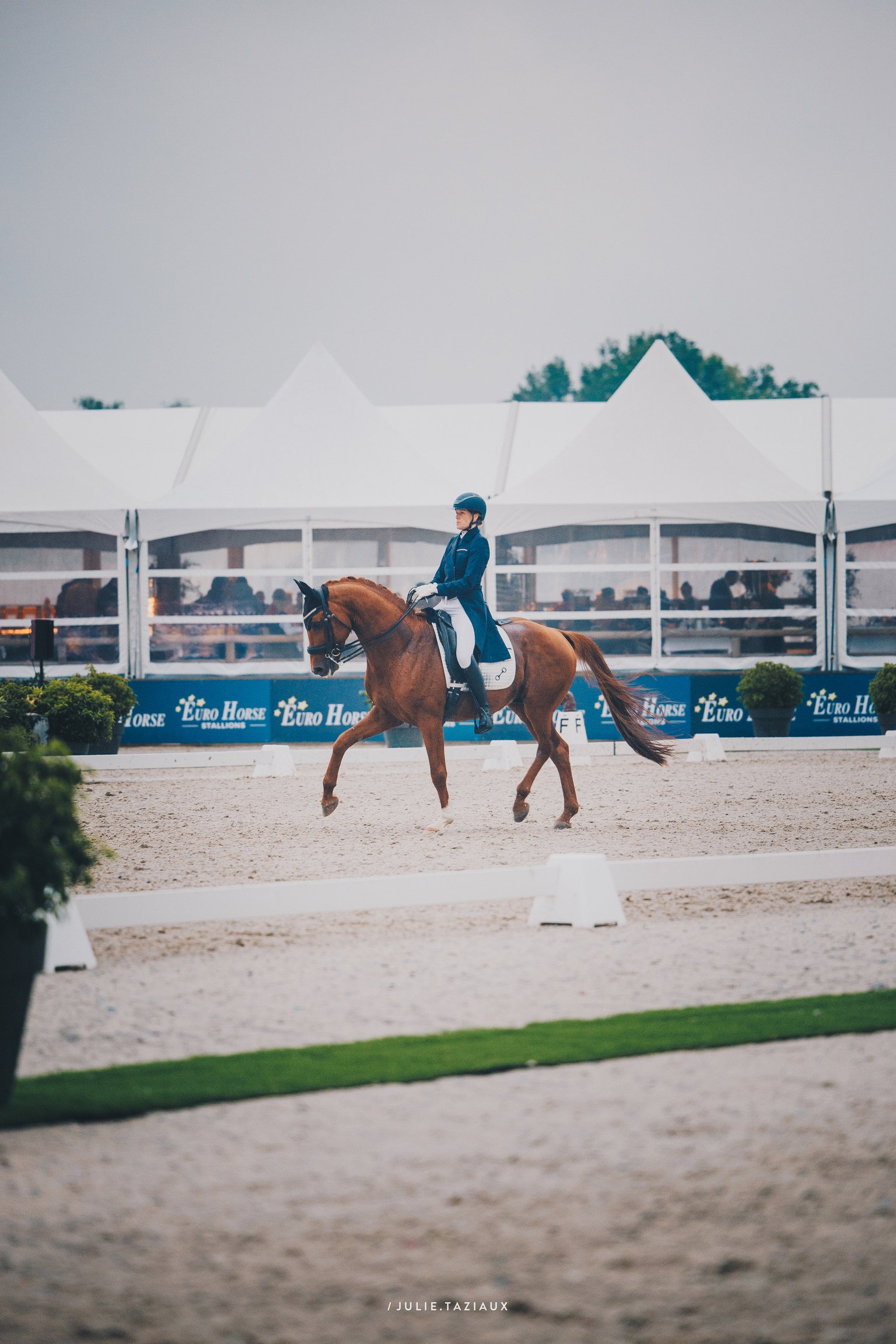Une cavalière en tenue de compétition à cheval dans une arène d'équitation.
