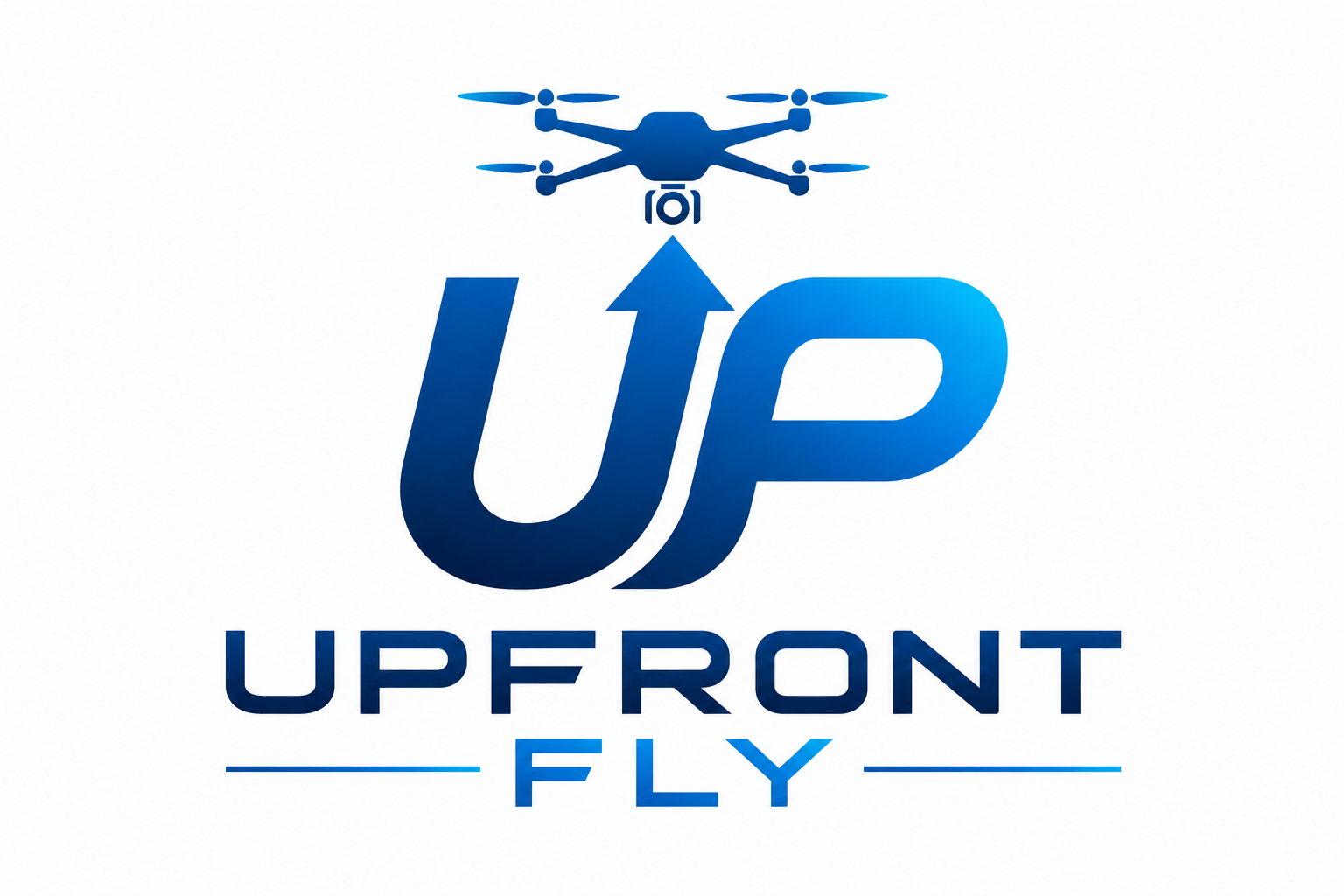 Logotipo azul da Up Front Fly, com um drone acima do texto e uma seta apontando para o drone.