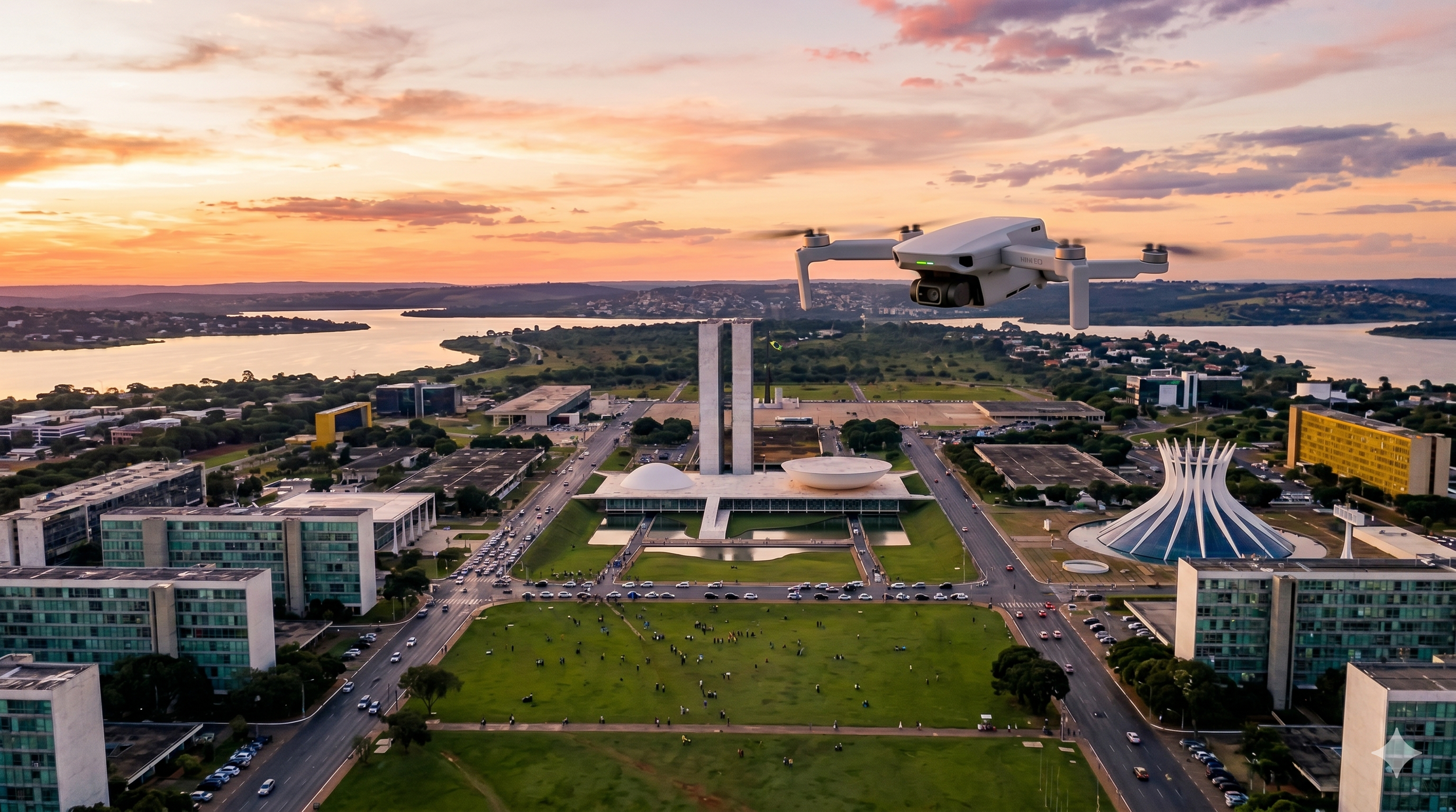 Drone voando sobre a cidade ao pôr do sol, com edifícios modernos e um rio ao fundo.