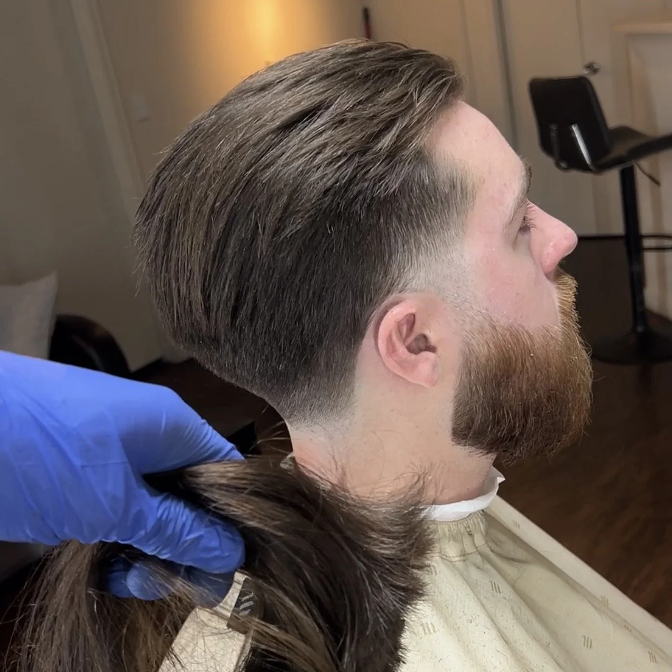 Mid fade haircut with beard fade and lineup in Irvine by Nate the Barber