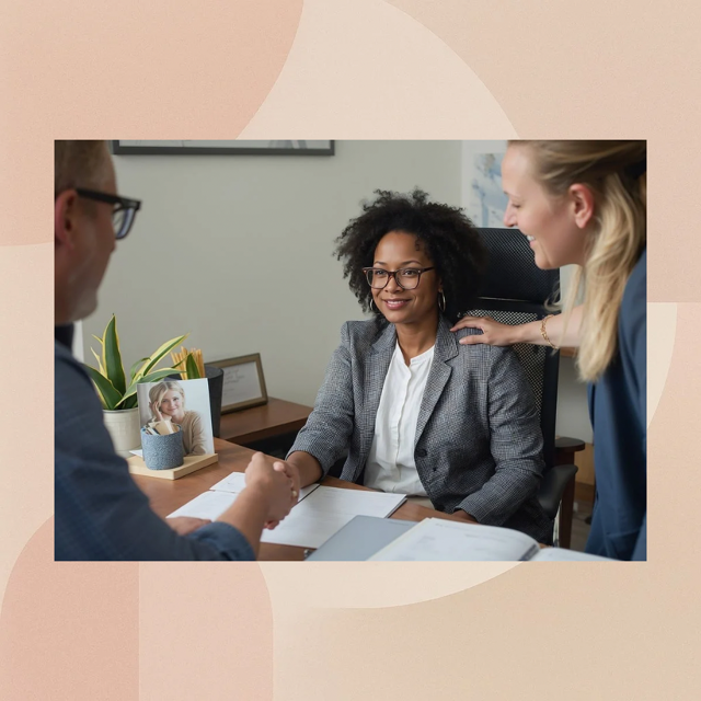 A woman with curly hair and glasses sitting at a desk, shaking hands with a person across from her, while another woman with blonde hair touches her shoulder in an office setting.