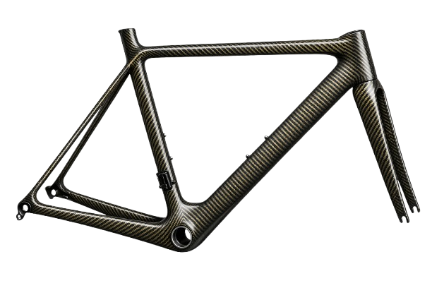 Carbon fiber bicycle frame with a matte finish on a white background.