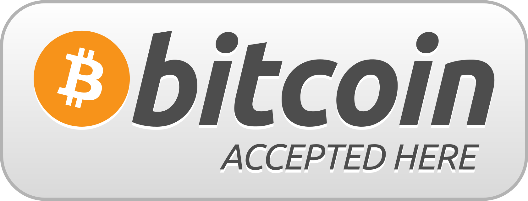 A sign with the Bitcoin logo and the text 'Bitcoin Accepted Here' in gray letters on a white background.