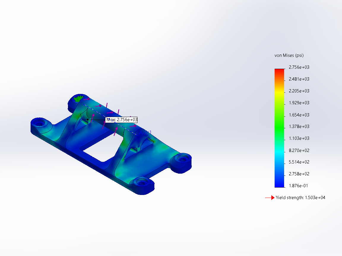 Finite element analysis of a mechanical part showing von Mises stress distribution in various colors from blue (low stress) to red (high stress).