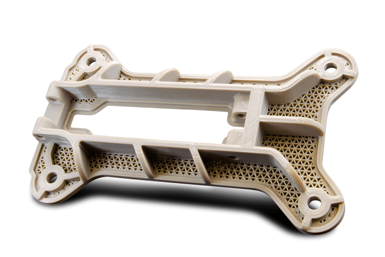 A beige 3D-printed frame with geometric cutouts, designed to support or mount a device, on a black background.