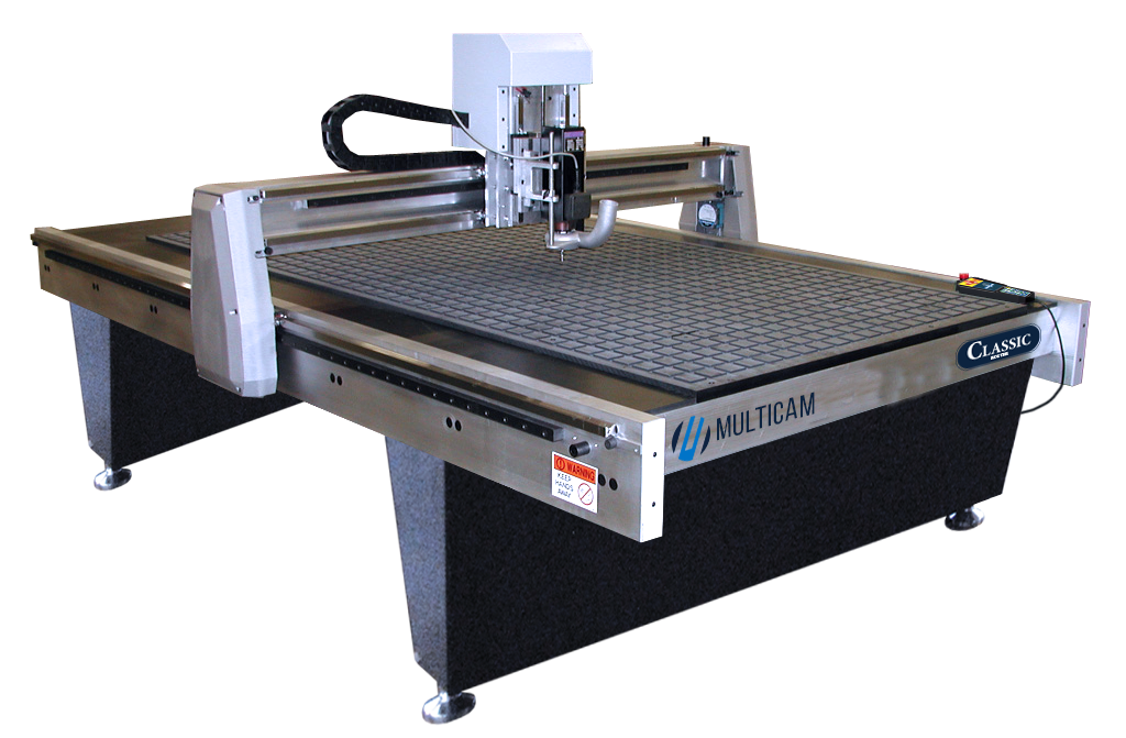 Laser cutting machine with a black cutting bed, metal frame, and a mounted laser head for precision fabrication.