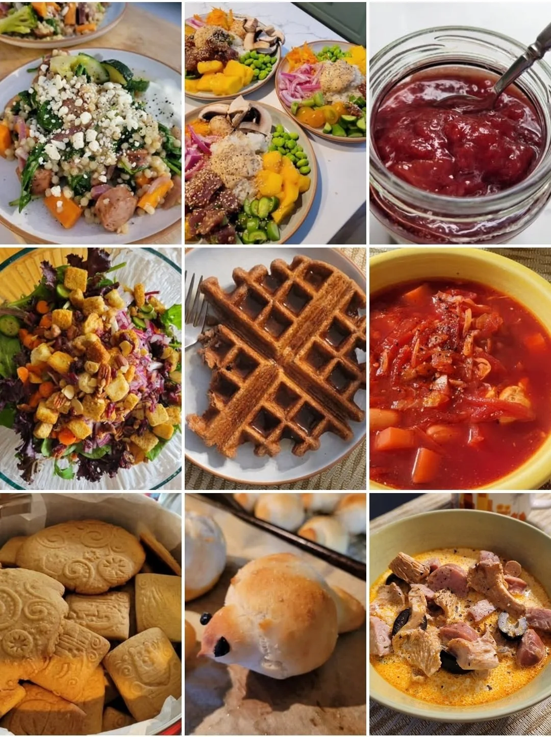 Assorted dishes including salads, fruit platter, waffles, soup, baked goods, and a drink, possibly representing a breakfast or brunch spread.