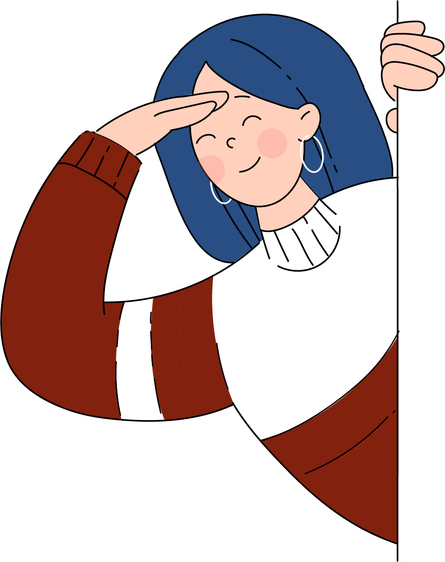 Cartoon of a smiling girl with blue hair, wearing hoop earrings, a white turtleneck, and a brown jacket, saluting with her right hand.